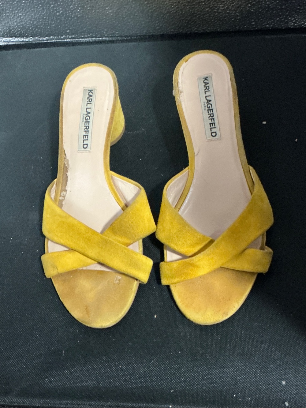 Karl Lagerfeld Mustard Yellow Suede Cross-Strap Slide Mules